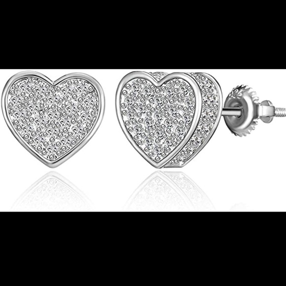 CZ Stud Heart Screw Back Earrings - Picture 2 of 8